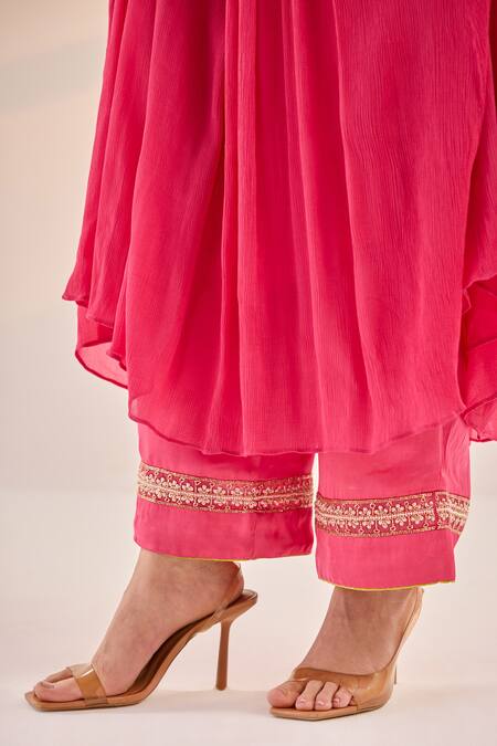 Label Rsd Pink Satin Georgette Embroidery Bloom V Neck Lunar Anarkali Palazzo Set at Aza Fashions Label Rsd_Pink Satin Georgette Embroidery Bloom V Neck Lunar Anarkali Palazzo Set_at_Aza_Fashions