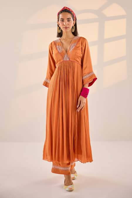 Label Rsd_Orange Satin, Cotton, Chiffon, Organza Lunar Blossom Anarkali Palazzo Set _Online_at_Aza_Fashions