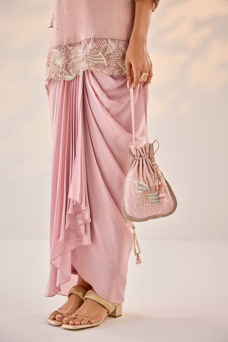 Label Rsd_Pink Organza, Crepe, Cotton Embroidery Florence Striped Kurti With Draped Skirt_Online_at_Aza_Fashions
