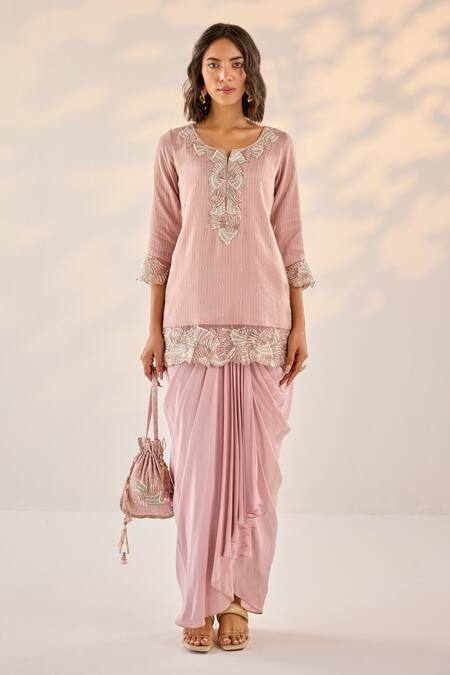 Buy_Label Rsd_Pink Organza, Crepe, Cotton Embroidery Florence Striped Kurti With Draped Skirt_Online_at_Aza_Fashions