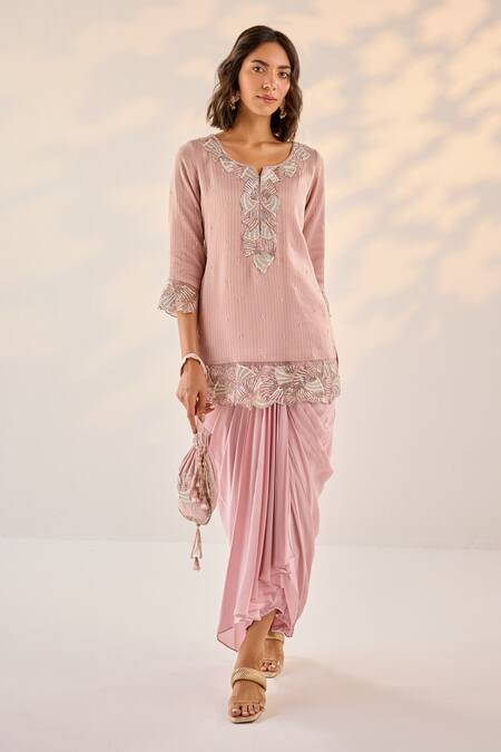 Shop_Label Rsd_Pink Organza, Crepe, Cotton Embroidery Florence Striped Kurti With Draped Skirt_Online_at_Aza_Fashions
