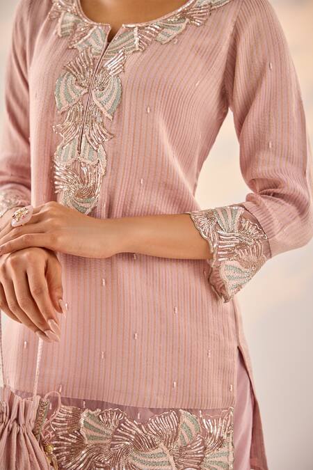 Label Rsd_Pink Organza, Crepe, Cotton Embroidery Florence Striped Kurti With Draped Skirt_at_Aza_Fashions