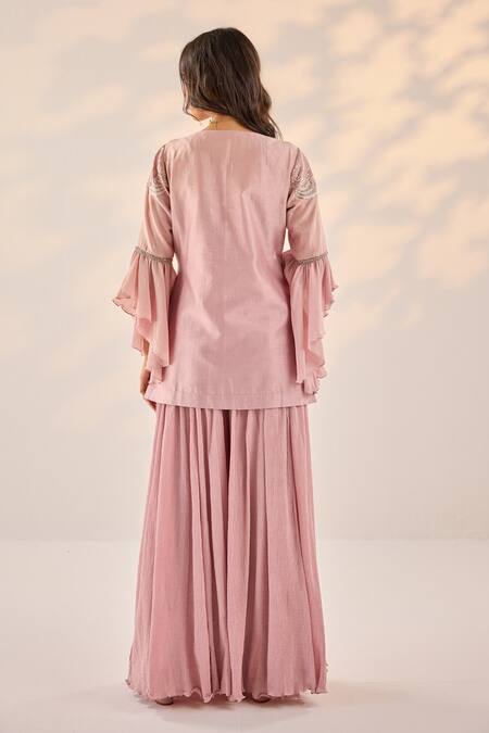 Shop Label Rsd Pink Chanderi, Cotton, Organza Embroidery, Sequins Blossom Kurti Sharara Set at Aza Fashions Shop_Label Rsd_Pink Chanderi, Cotton, Organza Embroidery, Sequins Blossom Kurti Sharara Set_at_Aza_Fashions