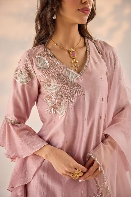 Label Rsd Pink Chanderi, Cotton, Organza Embroidery, Sequins Blossom Kurti Sharara Set Online at Aza Fashions Label Rsd_Pink Chanderi, Cotton, Organza Embroidery, Sequins Blossom Kurti Sharara Set_Online_at_Aza_Fashions