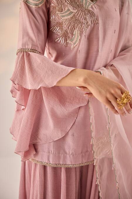 Buy Label Rsd Pink Chanderi, Cotton, Organza Embroidery, Sequins Blossom Kurti Sharara Set Online at Aza Fashions Buy_Label Rsd_Pink Chanderi, Cotton, Organza Embroidery, Sequins Blossom Kurti Sharara Set_Online_at_Aza_Fashions