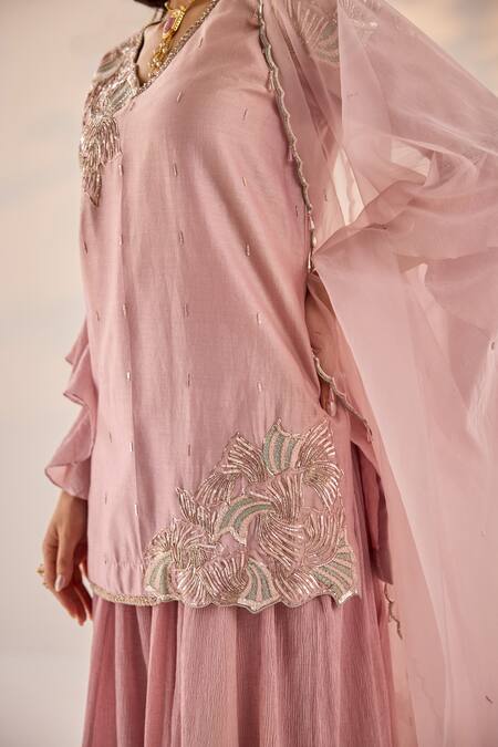 Shop Label Rsd Pink Chanderi, Cotton, Organza Embroidery, Sequins Blossom Kurti Sharara Set Online at Aza Fashions Shop_Label Rsd_Pink Chanderi, Cotton, Organza Embroidery, Sequins Blossom Kurti Sharara Set_Online_at_Aza_Fashions