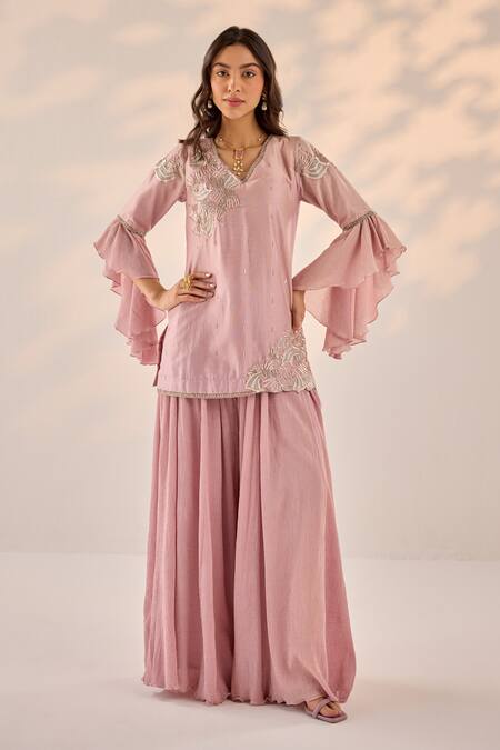 Buy Label Rsd Pink Chanderi, Cotton, Organza Embroidery, Sequins Blossom Kurti Sharara Set Buy_Label Rsd_Pink Chanderi, Cotton, Organza Embroidery, Sequins Blossom Kurti Sharara Set