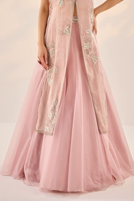 Label Rsd_Pink Organza, Crepe, Cotton Embroidery Mughal Fleur Striped Jacket Lehenga Set_Online_at_Aza_Fashions