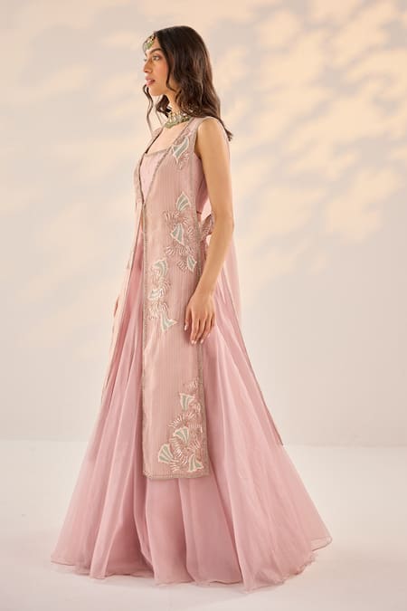Buy_Label Rsd_Pink Organza, Crepe, Cotton Embroidery Mughal Fleur Striped Jacket Lehenga Set_Online_at_Aza_Fashions