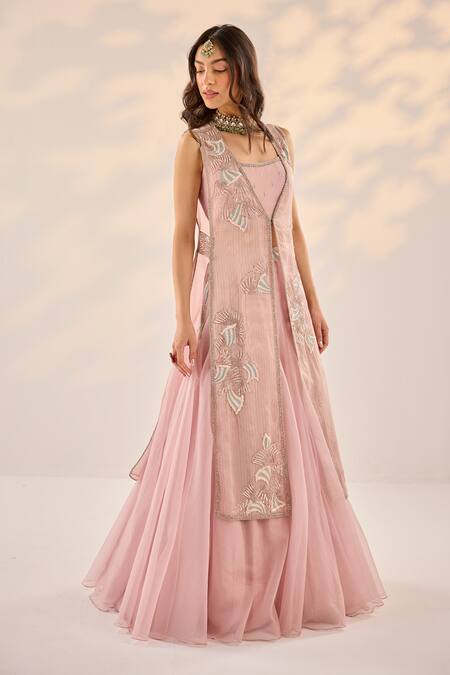Shop_Label Rsd_Pink Organza, Crepe, Cotton Embroidery Mughal Fleur Striped Jacket Lehenga Set_Online_at_Aza_Fashions