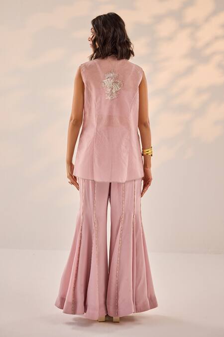 Shop Label Rsd Pink Organza, Crepe, Cotton Beads, Pearls, Flora Blazer Jacket Sharara Set at Aza Fashions Shop_Label Rsd_Pink Organza, Crepe, Cotton Beads, Pearls, Flora Blazer Jacket Sharara Set_at_Aza_Fashions