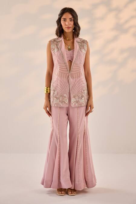 Label Rsd Pink Organza, Crepe, Cotton Beads, Pearls, Flora Blazer Jacket Sharara Set Online at Aza Fashions Label Rsd_Pink Organza, Crepe, Cotton Beads, Pearls, Flora Blazer Jacket Sharara Set_Online_at_Aza_Fashions