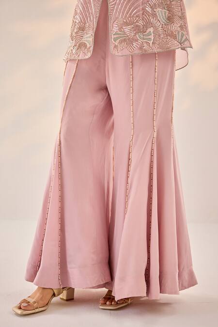 Shop Label Rsd Pink Organza, Crepe, Cotton Beads, Pearls, Flora Blazer Jacket Sharara Set Online at Aza Fashions Shop_Label Rsd_Pink Organza, Crepe, Cotton Beads, Pearls, Flora Blazer Jacket Sharara Set_Online_at_Aza_Fashions