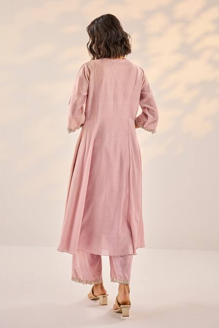 Shop Label Rsd Pink Organza, Chanderi, Muslin Embroidery V-neck French Fleur Anarkali Set at Aza Fashions Shop_Label Rsd_Pink Organza, Chanderi, Muslin Embroidery V-neck French Fleur Anarkali Set_at_Aza_Fashions