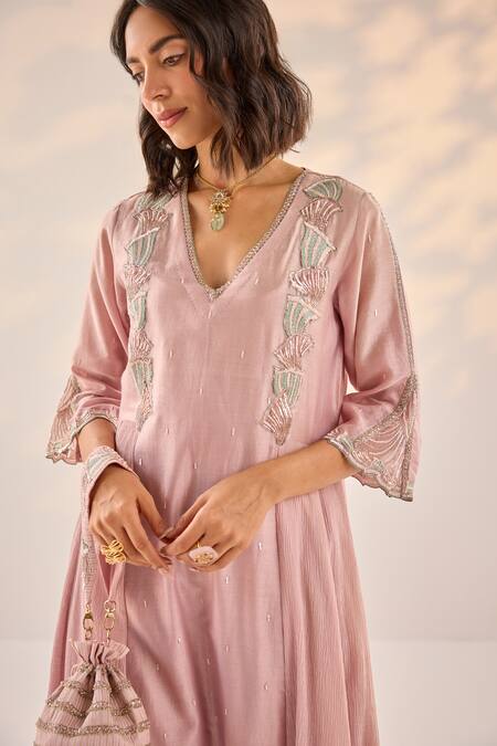 Shop Label Rsd Pink Organza, Chanderi, Muslin Embroidery V-neck French Fleur Anarkali Set Online at Aza Fashions Shop_Label Rsd_Pink Organza, Chanderi, Muslin Embroidery V-neck French Fleur Anarkali Set_Online_at_Aza_Fashions