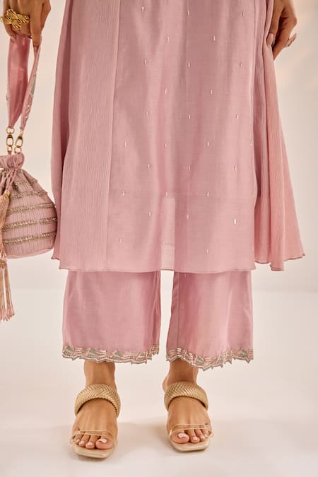 Label Rsd Pink Organza, Chanderi, Muslin Embroidery V-neck French Fleur Anarkali Set at Aza Fashions Label Rsd_Pink Organza, Chanderi, Muslin Embroidery V-neck French Fleur Anarkali Set_at_Aza_Fashions