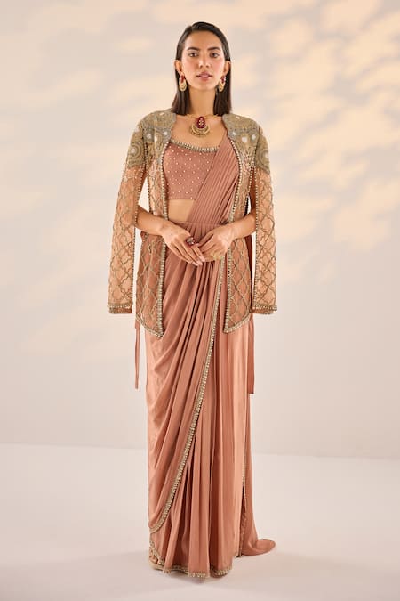 Label RSD Brown Mesh Embroidery Bloom Jaal Open Neck Cape Pre-draped Saree Set 