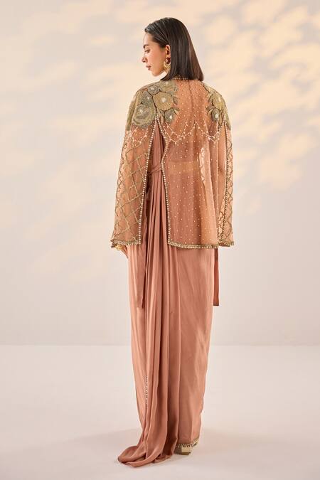 Shop Label Rsd Brown Lycra, Crepe, Cotton Bloom Jaal Embroidered Cape Pre-draped Saree Set at Aza Fashions Shop_Label Rsd_Brown Lycra, Crepe, Cotton Bloom Jaal Embroidered Cape Pre-draped Saree Set_at_Aza_Fashions