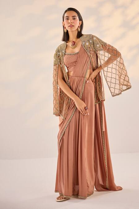 Label Rsd Brown Lycra, Crepe, Cotton Bloom Jaal Embroidered Cape Pre-draped Saree Set Online at Aza Fashions Label Rsd_Brown Lycra, Crepe, Cotton Bloom Jaal Embroidered Cape Pre-draped Saree Set_Online_at_Aza_Fashions