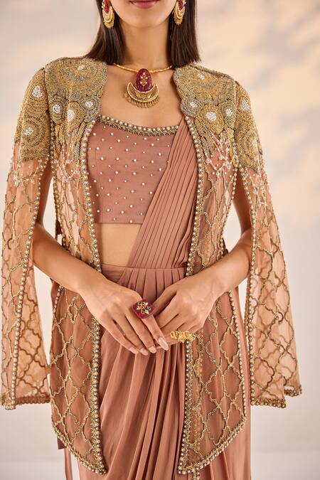 Shop Label Rsd Brown Lycra, Crepe, Cotton Bloom Jaal Embroidered Cape Pre-draped Saree Set Online at Aza Fashions Shop_Label Rsd_Brown Lycra, Crepe, Cotton Bloom Jaal Embroidered Cape Pre-draped Saree Set_Online_at_Aza_Fashions