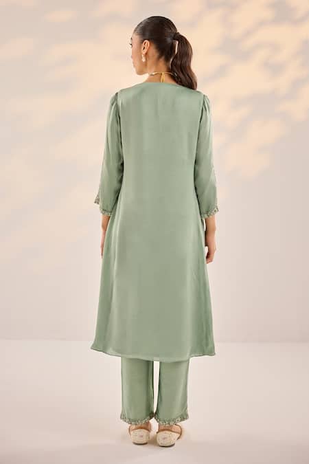 Shop Label Rsd Green Cotton, Silk, Satin, Georgette, Organza, Misty Floret Kurta Palazzo Set at Aza Fashions Shop_Label Rsd_Green Cotton, Silk, Satin, Georgette, Organza, Misty Floret Kurta Palazzo Set_at_Aza_Fashions