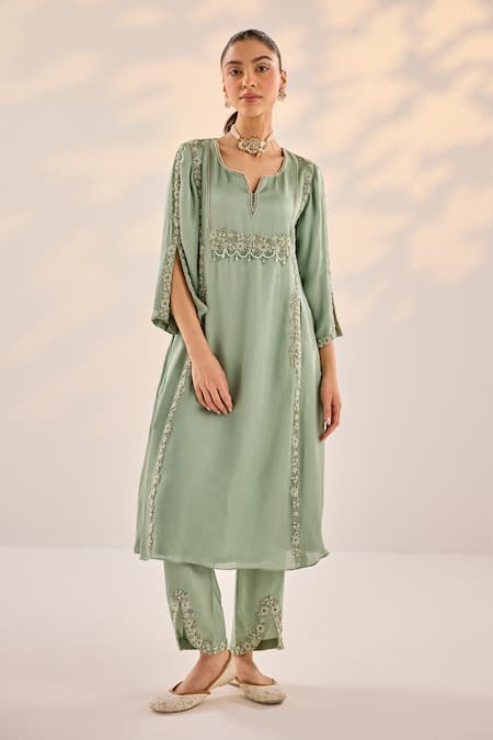 Label Rsd Green Cotton, Silk, Satin, Georgette, Organza, Misty Floret Kurta Palazzo Set Online at Aza Fashions Label Rsd_Green Cotton, Silk, Satin, Georgette, Organza, Misty Floret Kurta Palazzo Set_Online_at_Aza_Fashions
