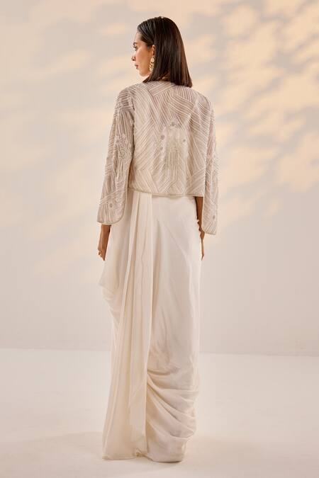 Shop Label Rsd Ivory Organza, Lycra, Cotton Pearls Misty Embroidered Cape Pre-draped Saree at Aza Fashions Shop_Label Rsd_Ivory Organza, Lycra, Cotton Pearls Misty Embroidered Cape Pre-draped Saree_at_Aza_Fashions