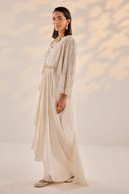 Label Rsd Ivory Organza, Lycra, Cotton Pearls Misty Embroidered Cape Pre-draped Saree Online at Aza Fashions Label Rsd_Ivory Organza, Lycra, Cotton Pearls Misty Embroidered Cape Pre-draped Saree_Online_at_Aza_Fashions