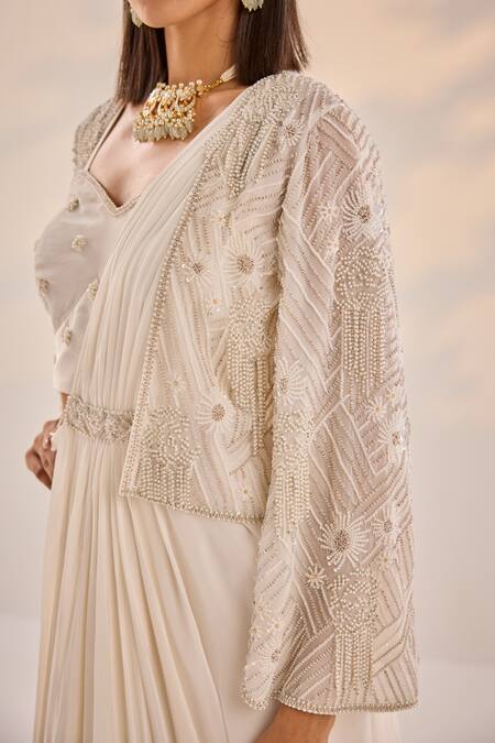 Buy Label Rsd Ivory Organza, Lycra, Cotton Pearls Misty Embroidered Cape Pre-draped Saree Online at Aza Fashions Buy_Label Rsd_Ivory Organza, Lycra, Cotton Pearls Misty Embroidered Cape Pre-draped Saree_Online_at_Aza_Fashions