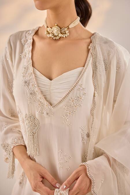 Label Rsd Ivory Organza, Crepe, Cotton Pearls, Embroidery Daisy Kurti Skirt Set Online at Aza Fashions Label Rsd_Ivory Organza, Crepe, Cotton Pearls, Embroidery Daisy Kurti Skirt Set_Online_at_Aza_Fashions