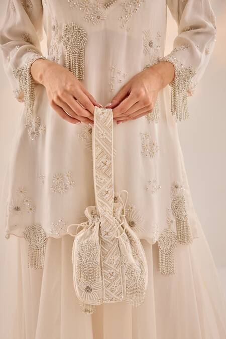 Label Rsd Ivory Organza, Crepe, Cotton Pearls, Embroidery Daisy Kurti Skirt Set at Aza Fashions Label Rsd_Ivory Organza, Crepe, Cotton Pearls, Embroidery Daisy Kurti Skirt Set_at_Aza_Fashions