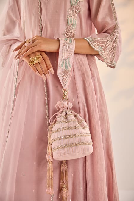 Label RSD Pink Cutdana Florence Striped Embroidered Potli Bag 