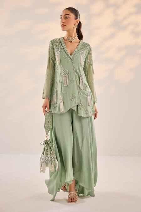 Label Rsd Green Cut Work, Pearls, Sequins Bloom Embellished Potli Bag Online at Aza Fashions Label Rsd_Green Cut Work, Pearls, Sequins Bloom Embellished Potli Bag_Online_at_Aza_Fashions