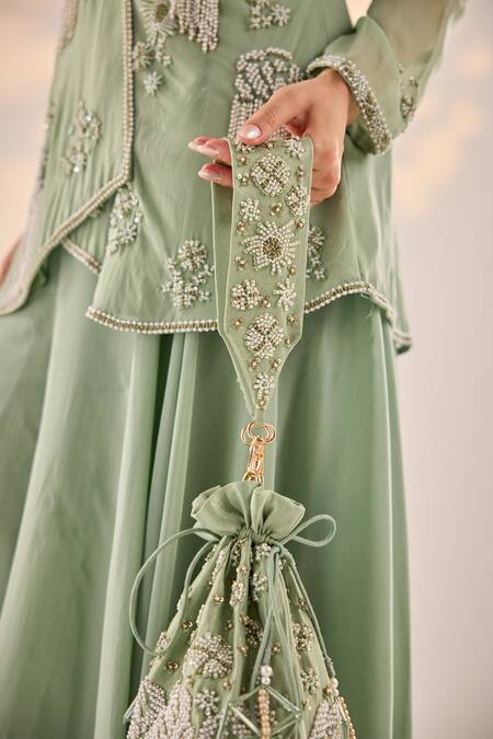 Shop Label Rsd Green Cut Work, Pearls, Sequins Bloom Embellished Potli Bag Online at Aza Fashions Shop_Label Rsd_Green Cut Work, Pearls, Sequins Bloom Embellished Potli Bag_Online_at_Aza_Fashions