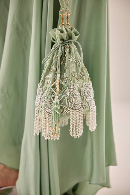 Label Rsd Green Cut Work, Pearls, Sequins Bloom Embellished Potli Bag at Aza Fashions Label Rsd_Green Cut Work, Pearls, Sequins Bloom Embellished Potli Bag_at_Aza_Fashions