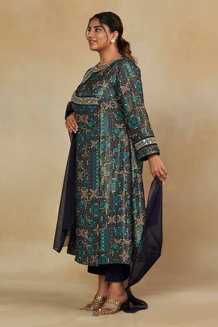 Mamicha_Green Italian Crepe Printed Floral Round Angrakha Pant Set _Online_at_Aza_Fashions