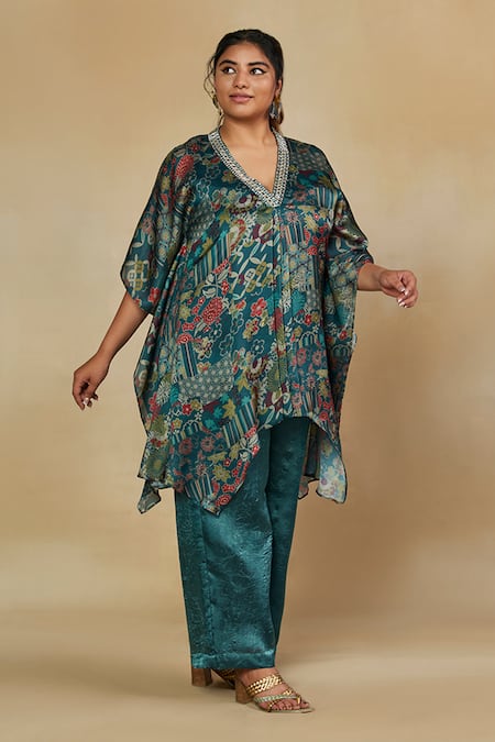 Mamicha_Green Satin, Georgette Embroidery V-neck Floral Printed Kaftan And Palazzo Set_Online_at_Aza_Fashions