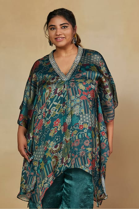 Buy_Mamicha_Green Satin, Georgette Embroidery V-neck Floral Printed Kaftan And Palazzo Set_Online_at_Aza_Fashions