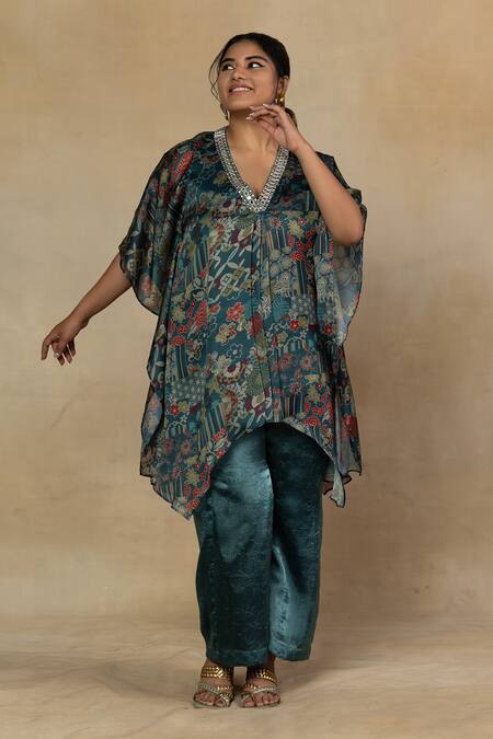 Shop_Mamicha_Green Satin, Georgette Embroidery V-neck Floral Printed Kaftan And Palazzo Set_Online_at_Aza_Fashions