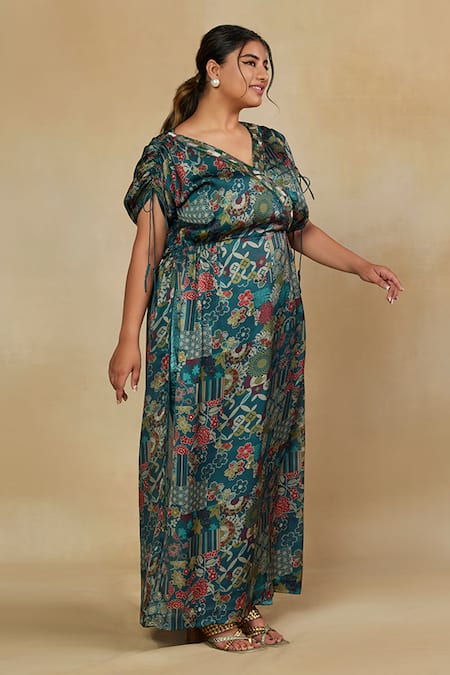 Buy_Mamicha_Green Satin Georgette Embroidered Floral V Neck Print Kurta Pant Set _Online_at_Aza_Fashions