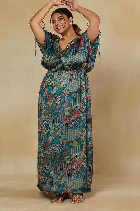 Buy_Mamicha_Green Satin Georgette Embroidered Floral V Neck Print Kurta Pant Set 