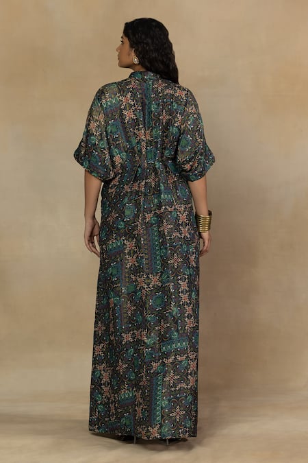 Shop_Mamicha_Green Italian Crepe Embroidered Sequin Mandarin Collar Floral Print Kaftan _at_Aza_Fashions