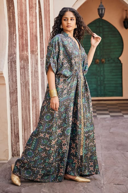 Mamicha_Green Italian Crepe Embroidered Sequin Mandarin Collar Floral Print Kaftan _Online_at_Aza_Fashions