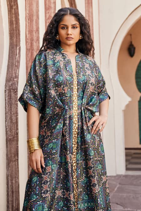 Buy_Mamicha_Green Italian Crepe Embroidered Sequin Mandarin Collar Floral Print Kaftan _Online_at_Aza_Fashions