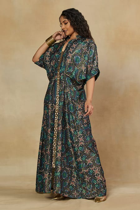 Shop_Mamicha_Green Italian Crepe Embroidered Sequin Mandarin Collar Floral Print Kaftan _Online_at_Aza_Fashions