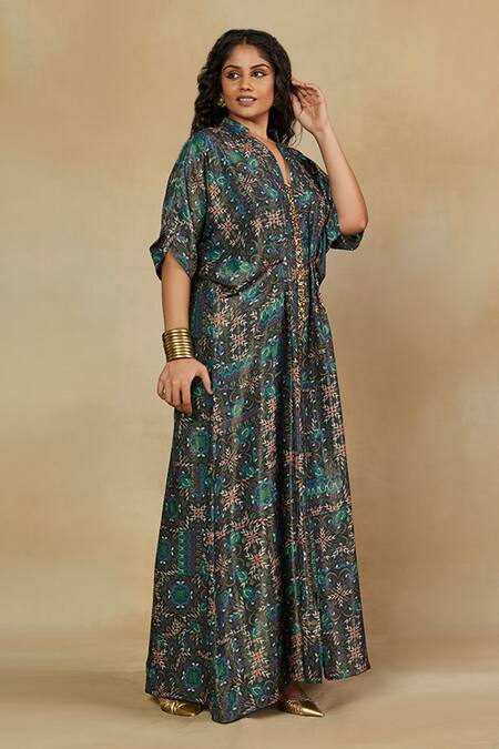 Mamicha_Green Italian Crepe Embroidered Sequin Mandarin Collar Floral Print Kaftan _at_Aza_Fashions
