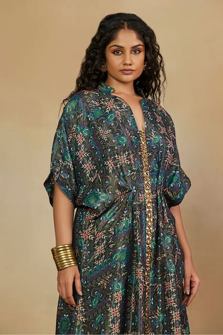 Buy_Mamicha_Green Italian Crepe Embroidered Sequin Mandarin Collar Floral Print Kaftan 