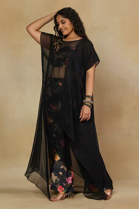 Mamicha Black California Satin Printed Blossom Bead Embroidered Sheer Cape With Pant Set 