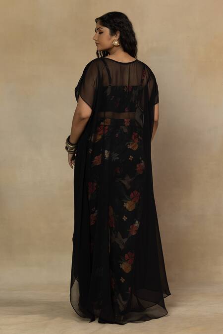 Shop Mamicha Black Satin Beads, Embroidery Sweetheart Neck, Round Sheer Cape With Pant Set at Aza Fashions Shop_Mamicha_Black Satin Beads, Embroidery Sweetheart Neck, Round Sheer Cape With Pant Set_at_Aza_Fashions