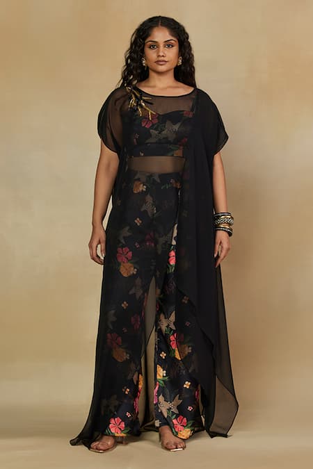 Mamicha Black Satin Beads, Embroidery Sweetheart Neck, Round Sheer Cape With Pant Set Online at Aza Fashions Mamicha_Black Satin Beads, Embroidery Sweetheart Neck, Round Sheer Cape With Pant Set_Online_at_Aza_Fashions
